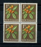 NEW  ZEALAND   1960    Karaka    1d  Orange  Green  Lake  And  Brown   Block  Of  4   MH - Ongebruikt