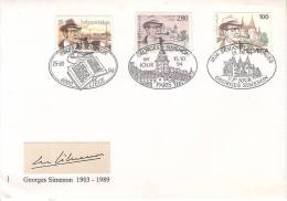 FDC Georges Simenon - 2579 Et Deux Autres Timbres - Oblitérations Liège Paris Echandens-Denges - 1991-2000