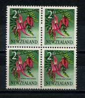 NEW  ZEALAND   1960     KOWHAI  NGUTU  2d  Carmine  Black  Yellow  And  Green    Block  Of  4    MH - Nuevos