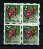 NEW  ZEALAND   1960     KOWHAI  NGUTU  2d  Carmine  Black  Yellow  And  Green    Block  Of  4    MH - Unused Stamps