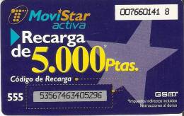 GSMAR-003/1 TARJETA RECARGA MOVISTAR ACTIVA 5000 PTAS NUMERO 609 - Telefonica