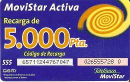 GSMAR-008 TARJETA RECARGA MOVISTAR ACTIVA 5000 PTAS (14 DIGITOS) - Telefonica