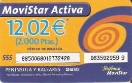 GSMAR-023 TARJETA RECARGA MOVISTAR ACTIVA 12,02 EUROS 2000 PTAS (NUMEROS SOBRE BLANCO) - Telefonica