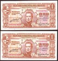 * URUGUAY - 1 Peso (1939) UNC - 2 Billetes Correlativos - Uruguay