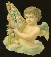 Diecut Embossed Christmas Angel With HARP C. 1895 Ange Harpe Engel (perfect Quality 10x11 Cm) - Angeles