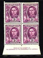 Australia MH Scott #193 Inscription Block Of 4 2p King George VI - Feuilles, Planches  Et Multiples