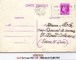 CERES DE MAZELIN - Entier Postal 1,50F Lilas  (Tarif Du 1er Mars 1945) - 1945-47 Ceres (Mazelin)