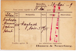REICH / BELGIQUE - 1899 - CARTE ENTIER POSTAL Avec REPIQUAGE PRIVE "HANSEN" De SARREBRUCK Et BRUXELLES - Variedades/Curiosidades