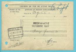 Dokument QUITTANCE DE PRODUITS EXTRAORDINAIRES Met Spoorwegstempel HAREN N° 2 Op 2/11/1927 - Otros & Sin Clasificación