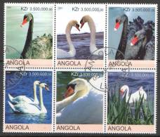 Angola 2000 Swans Block Of 6 CTO - Zwanen