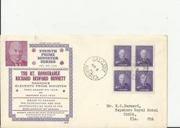 CANADA 1955– FDC  RICHARD BEDFORD BENNETT-PRIME MINISTER SERIES   W 1 BLOCK OF 4 STS OF 4 C ADDR TO TAMPA-FLA-USA  POSTM - 1952-1960