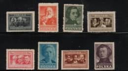 POLAND 1947 POLISH CULTURAL ISSUE PERF 2ND ISSUE COLOUR CHANGE SET OF 8 NHM Chopin Nobel Curie Mickiewicz Famous Poles - Unused Stamps