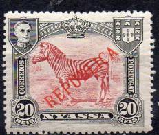 NYASSA COMPANY 1911 Zebra Overprinted Republica  20r. - Red And Black   MH - Nyassa