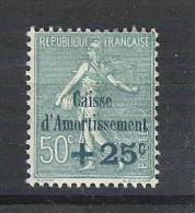 France 1927, Caisse D'Amortissement , Yvert N° 247: + 25 C Sur 50 C Semeuse Vert Bleu, Neuf *, TB, Cote 9 Euros - 1927-31 Sinking Fund