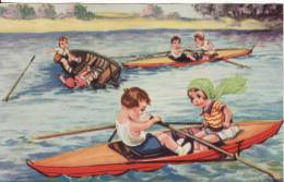 Carte Postale Fantaisie Dessinée  ENFANT-FILLE-GARCON-en Canoé Kayak-Aviron-Bateau-SPORT- VOIR 2 SCANS - - Aviron