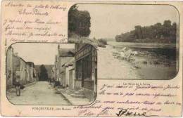 PORCHEVILLE Près Mantes : Année 1903 Rare Multivue "Les Rives De La Seine Village Devanture PETIT & PECHEUR Lavandières" - Porcheville