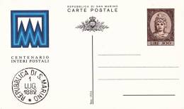 B02  Carte Postale FDC De San Marino - 100ème Anniversaire - Du 01-09-1982 - Entiers Postaux