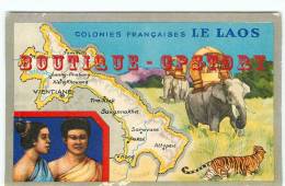 LAOS - Carte Géographique + Détail - Elephant + Tigre - Ressouces = Bois + Elevage Boeufs + Riz - Boudhiste - Dos Scanné - Laos