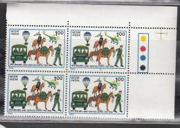 INDIA, 1992,  Army Service Corps, Block Of 4,  With Traffic Lights, Transport, Horse, Parachute, Helicopter,  MNH, (**) - Nuovi