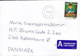 Iceland A Prioritaire Airmail Par Avion Label REYKJAVIK 2003 Cover Brief To Denmark Christmas Stamp - Lettres & Documents