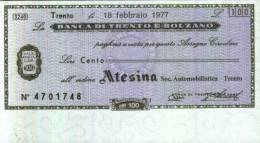 BANCA DI TRENTO E BOLZANO - TRENTO - Lire 100 Per ATESINA Trento - [10] Checks And Mini-checks