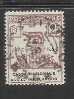 ITALY KINGDOM ITALIA REGNO 1924 PARASTATALI CASSA NAZIONALE ASSICURAZIONI INFORTUNI SUL LAVORO CENT. 25 USED - Zonder Portkosten