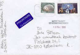 Sweden Prioritaire 1:a Klassbrev Label 1999 Cover Brief To Denmark TV Fernsehsendung & Hedgehog Igel Franking - Covers & Documents