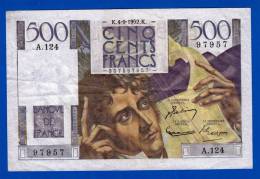 BILLET 500 BANQUE DE FRANCE CINQ CENTS FRANCS CHATEAUBRIAND 3 SIGNATURES N°97957 A.124 DU 4-9-1952 TYPE 1945 - FAY.34/10 - 500 F 1945-1953 ''Chateaubriand''