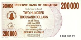 ZIMBABWE $200.000 BEARER CHEQUE BROWN FACTORY BACK DATED 01-07-2007-ED30-06-2008 UNC P? READ DESCRIPTION !! - Simbabwe