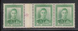 New Zealand MH Scott #227A 1p King George VI, Green Counter Coil Strip Of 3 With Purple '5' Counter - Nuevos