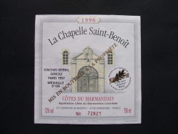 Etiquette De Vin : Côtes Du Marmandais - La Chapelle Saint-Benoît 1996 - Vignerons De Beaupuy à Marmande (47) - Architecture