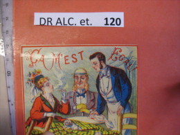 1 ETIQUETTE XIX Ième Litho Parafine  CA M'EST EGAL  -  BORD ROUGE - C1870  Femme Fume , 2 Chiens  , Lorgnet LABel - Drink