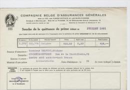 AG Souche Quittance Prime Delpire Adolphe St Denis Bovesse Juillet 1951 - Banque & Assurance