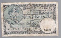 BELGICA - 5 Francs  1938  P-108 - Te Identificeren