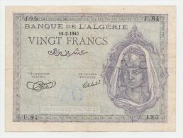 Algeria 20 Francs 1943 VF+ CRISP Banknote P 92a 92 A - Algeria