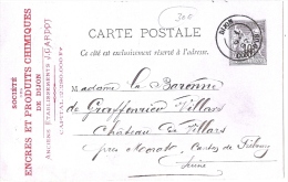 LPP12 - EP CP SAGE 10c REPIQUAGE " STE ENCRES & PRODUITS CHIMIQUES" OBL. DIJON 13/1/1886 - Cartes Postales Repiquages (avant 1995)