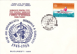 THE MONDIAL DAYS WITHOUT SMOOKIENG, SPECIAL COVER, OBLITERATION CONCORDANTE,1988, ROMANIA - Drugs