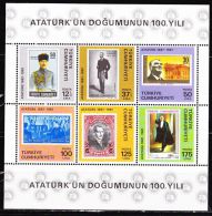 Turkey : 1981 100 Th Birthday Of Kemal Atatürk MNH Block Michel B 19 - Blocks & Kleinbögen