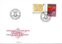 LIECHTENSTEIN. N°869-70 Sur Enveloppe 1er Jour (FDC) De 1987. Anniversaires : Armoiries, Parlement, - Enveloppes