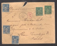 FRANCE 1888 N° 90 X 3 & 75 X 2 Obl. S/Lettre Entiére Recommandée à 55 Cts. - 1898-1900 Sage (Type III)