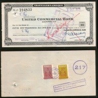 India United Commercial Bank Rs.100 Travellers Cheque Singapore Revenue # 6255C - Banca & Assicurazione