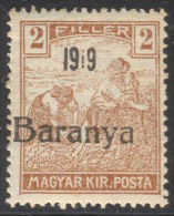 YUGOSLAVIA - UNGARN - CROATIA - BARANYA - 2 Fil. III Typ Ovpt - Short. "1" - *MLH - 1919 - Exist 360 Pcs - Unused Stamps