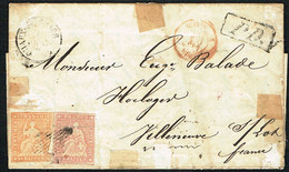 LETTRE OBLITERE .25.5.1857. CHAUX-DE-FONDS &.VILLENEUVE-SUR-LOT. C/.S.B.K. Nr:24G.25G. FIL DE SOIE VERT - Lettres & Documents