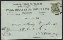 Obl. Fortune BELGIQUE *3* BELGIE S/carte Postale De Marcinelle 15/5/19 + Tabacs Cigares  Cigarettes Paul Brasseur (378) - Tabak