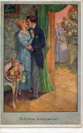 Illustrée  Signée GUERZONI : Couple S'embrassant Devant Une Colonne - Guerinoni