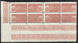 ITALIA REPUBBLICA ITALY REPUBLIC 1953 PACCHI IN CONCESSIONE LIRE 40 FILIGRANA RUOTA MNH QUARTINA ANGOLO DI FOGLIO - Concessiepaketten