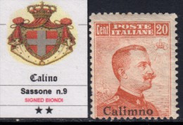 EGEO - CALIMNO - N.9 - Cv 450 Euro - FIRMATO (SIGNED) BIONDI - GOMMA INTEGRA - MNH** Con CERTIFICATO - Aegean (Calino)