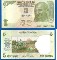 Inde 5 Roupies 2011 Lettre R NEUF UNC India Rupees Gandhi Tracteur Asie Paypal Skrill OK - Inde