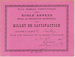 BILLET DE SATISFACTION ECOLE NORMALE D´INSTITUTRICES 16 Septembre 1908 - Diplomas Y Calificaciones Escolares