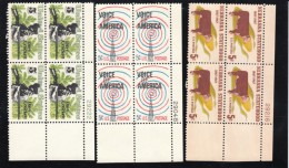 #1328 #1329 & #1330, Plate # Blocks Of  4 US Stamps Nebraska Statehood Cattle, Voice Of America Radio, Folklore Croc - Plate Blocks & Sheetlets